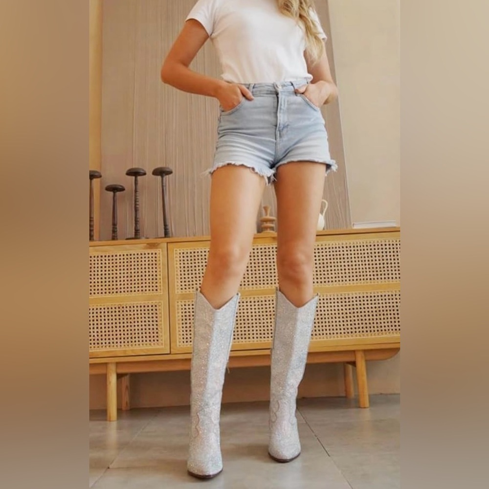 OUEPIANO Rhinestone Cowgirl Boots, Bridal, Size 10 (v)